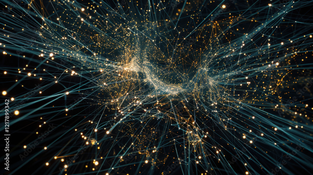 Poster vibrant abstract representation of interconnected lines and glowing particles, symbolizing data flow