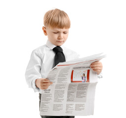 Naklejka premium Funny little businessman reading newspaper on white background