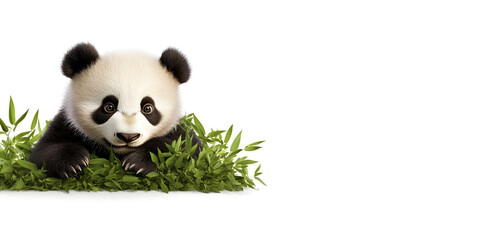 A baby panda hiding behind a small bush, peeking out shyly.


