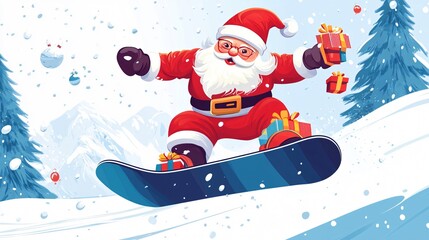 Obraz premium Santa Claus Snowboarding Gifts Template Illustration