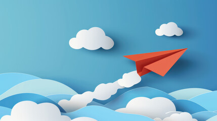 vibrant paper airplane soaring through blue sky, surrounded by fluffy clouds and waves, symbolizes creativity and adventure