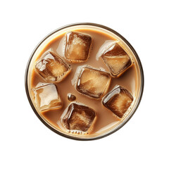 Aerial view of a refreshing iced coffee cup showcasing ice cubes on a sunny day, iced coffee cup top side view view from above isolated transparent background