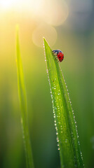 Obraz premium Macro shot of bright green grass with dewdrops, soft gradient background of sky blue and sunlight. A ladybug adds a playful touch. High resolution, perfect for mobile wallpapers or nature campaigns.
