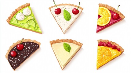 Colorful Assortment of Six Diverse Pie Slices with Various Toppings and Fillings
