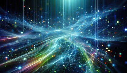 A futuristic background of glowing light blue and green lines, data particles flowing in the air. Streaming data. Data Flow.
