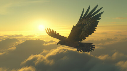 Obraz premium majestic eagle soars gracefully above clouds during stunning sunset, showcasing its powerful wings against backdrop of golden light and soft, fluffy clouds