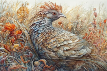 Fototapeta premium bird in a field among autumn grass., watercolor style, Generative AI