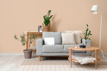 Interior of stylish living room with cozy sofa, coffee table and houseplants