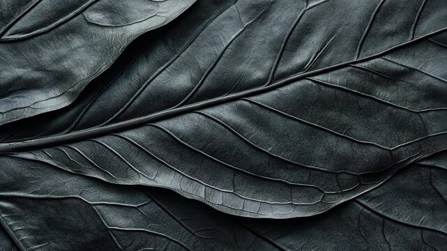 Large dark leaves layered together with intricate textures and patterns under soft light