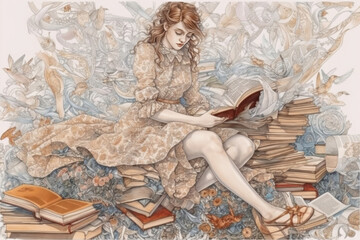 Naklejka premium stylized picture of a woman in a dress with a book and a lot of books around., watercolor style, Generative AI