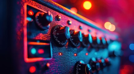 Guitar amplifier close-up, close-up of amp knobs and settings, vibrant concert lights