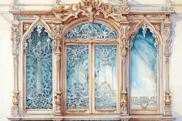 Obraz premium Windows with beautifully carved wooden architraves, watercolor style, Generative AI