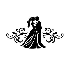 Elegant Wedding Couple Silhouette: Romantic Black and White Illustration - Perfect for Invitations and Decorations