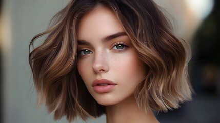 Naklejka premium A chic and modern lob (long bob) styled with textured waves and subtle highlights Generative AI