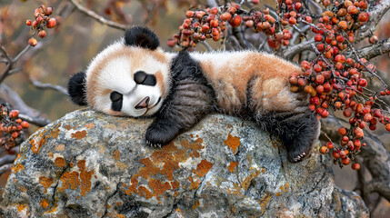 Fototapeta premium Adorable Sleeping Panda Cub on a Rock: A Stunning Wildlife Photography