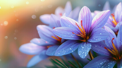 Stunning Closeup of Purple Saffron Flowers with Dew Drops