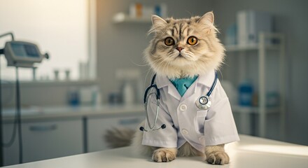 A tabby cat dressed as a doctor wearing a coat, stethoscope, and nurse cap, representing animal health care, veterinary professionals and pet humor.

