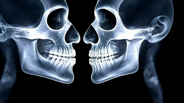 X-ray images showing two human skulls facing each other highlighting dental alignment and cranial structure
