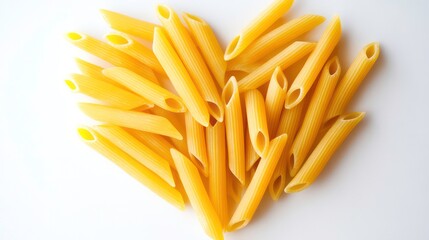 Uncooked penne pasta arranged in a heart shape, symbolizing love for food, on a white background