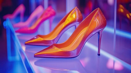 High heels on display, close-up of glossy high heels with elegant design, dramatic lighting