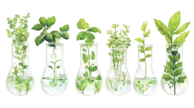 Various green plants placed in glass laboratory flasks filled with water, white background.