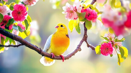 Fototapeta premium Stunning Yellow Bird in Spring Blossoms: A Vibrant Nature Scene