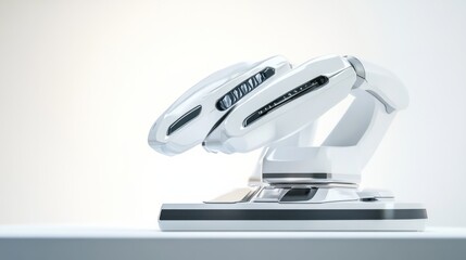 A futuristic image of a robotic surgery console with a clean background, Minimalist style, photo of