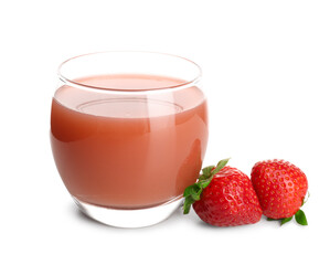 Glass with tasty strawberry smoothie on white background