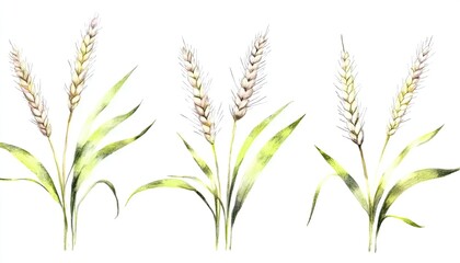 Delicate watercolor illustration of wheat stalks with lush green leaves, showcasing nature's beauty