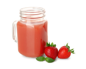 Mason jar with tasty strawberry smoothie on white background