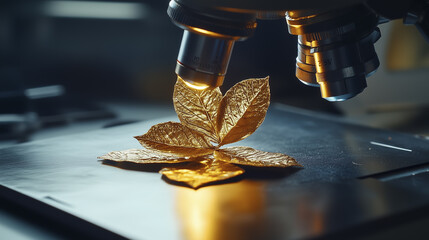 Gold leaf on microscope. Room, microscope, glare, light plant, flower, table, science. Table with flowers and plants for science. Microscope glares at a flower and plants on a table room. Lifestyle.