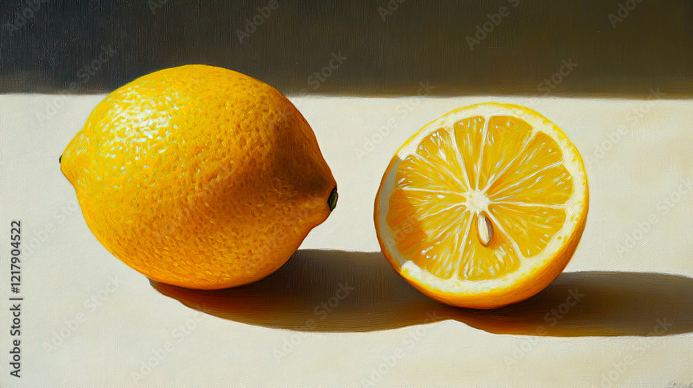Poster bright and vibrant lemon still life with fresh slice on soft background