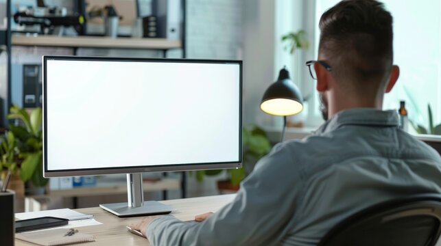 A man works on a computer in a modern home office, creating a focused workspace with tech equipment and keyboard