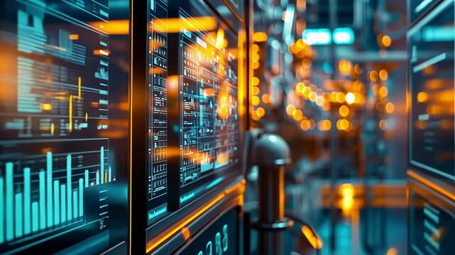 Complex digital interface displaying real time data and charts, providing insights into various industrial operations within a high tech manufacturing facility, optimizing efficiency and automation