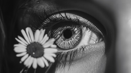 Obraz premium Close up of woman's eye a flower. Eye, flowers, black, white girl, face, eyelashes, shadow. A girl with dark eyelashes and a dark face with dark shadow. A girl with black eyes lifestyle and face.