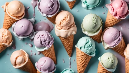 A vibrant overhead shot of melting pastel-colored ice cream scoops in waffle cones on a light blue background.