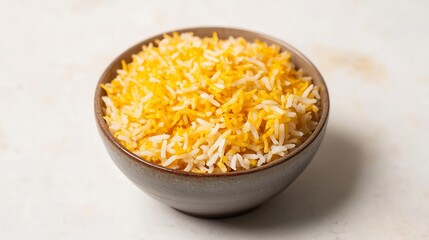 Small bowl of chicken biryani arranged neatly on a white background with visible saffron rice