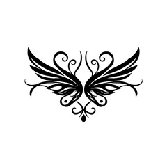 Elegant Black and White Floral Wings: Symmetrical Abstract Design, Vector Graphic, Vintage Tattoo Symbol, Decorative Pattern, Stylish Swirl, Curve Line Art