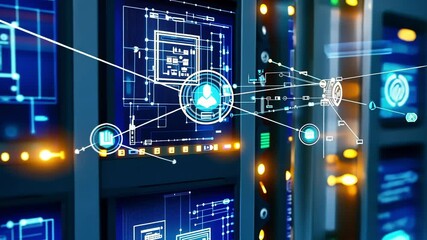 Server racks processing data with futuristic user interface showing in a modern data center, concept of big data, cloud computing, artificial intelligence and internet of things - Powered by Adobe