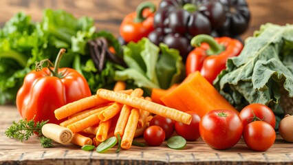 Fresh Vegetables and Carrot Sticks on Rustic Wooden Table