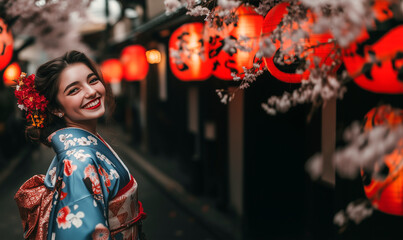 Naklejka premium 着物姿の女性。写真風素材。