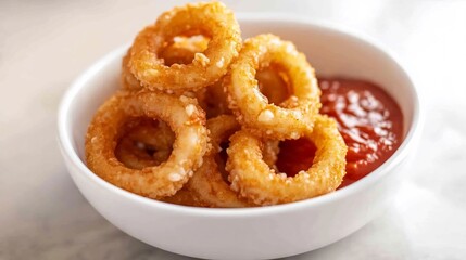 Small white bowl of golden calamari rings with a side of marinara sauce arranged neatly