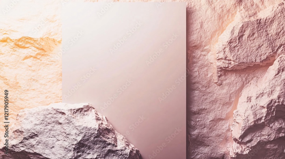 Poster empty frame leaning on rock formation with sunlight shining on background