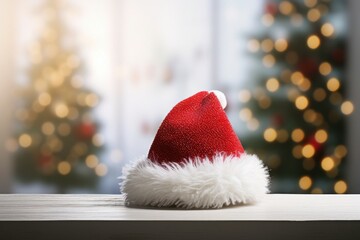 Fototapeta premium Cozy Christmas Hat on a Wooden Surface with Festive Bokeh Background of Christmas Trees, Perfect for Holiday Themes and Seasonal Decor