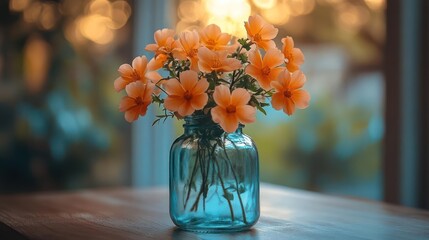 A serene arrangement of orange flowers in a blue glass vase, set against a softly blurred background, creating a warm and inviting atmosphere.