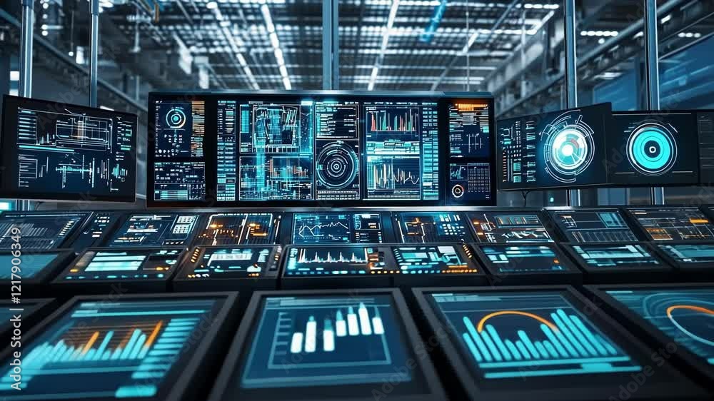 Poster multiple computer monitors and control panels showcasing intricate data visualizations, charts, and 