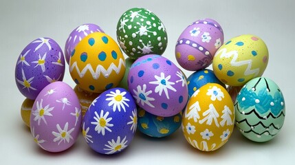 Creative easter celebration with colorful eggs stacked in a brightly decorated collection