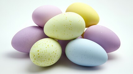 Creative collection of colorful easter eggs stacked in brightly decorated pastel colors
