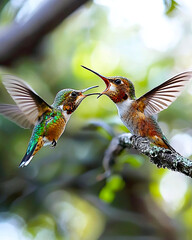 Fototapeta premium Hummingbird Nurtures Its Young in a Vibrant Setting With Detailed Wings and Feathers