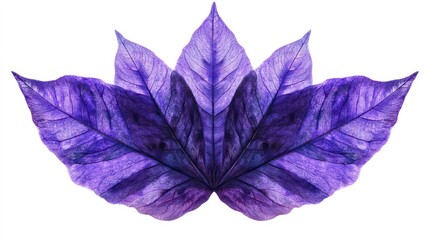 Obraz premium Violet-colored leaf with symmetrical design and vibrant textures, isolated on white.